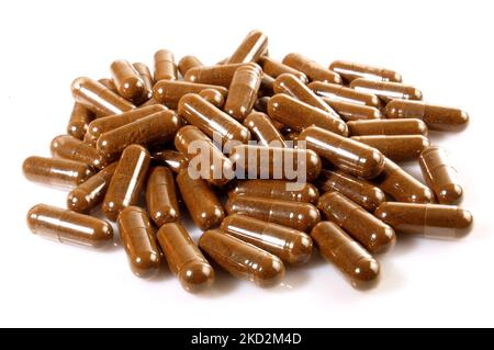 Capsules di funghi chaga isolato su sfondo bianco - Nutrizione sana Foto Stock