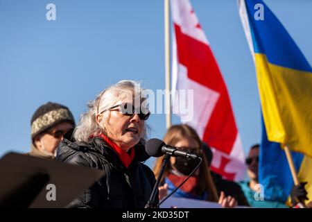 L'ex ambasciatore degli Stati Uniti in Ucraina Marie Yovanovitcvh parla durante un raduno di solidarietà per l'Ucraina. Thounsands of People ha partecipato all'evento a sostegno dell'indipendenza, della sovranità e dell'integrità territoriale dell'Ucraina, mentre il presidente russo Vladimir Putin minaccia l'invasione con decine di migliaia di truppe mobilitate al confine tra i due paesi. L'evento è stato sponsorizzato da Razom, un'organizzazione di advocacy Ucraina, e ha incluso una veglia per il Celeste cento / Nebesna Sotnia (quelli uccisi durante la Rivoluzione della dignità del 2014), così come una marcia alla Casa Bianca. (Foto di Allison Ba Foto Stock