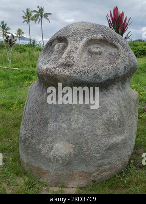 Vista panoramica del misterioso megalito antico conosciuto come Oba nel Parco Nazionale di Lore Lindu, Bada o Napu Valley, Sulawesi Centrale, Indonesia Foto Stock