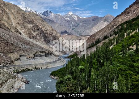 Il fiume Suru scorre attraverso una valle profonda nelle montagne con tress verde su un lato in Karkichu, distretto di Kargil, Ladakh, India (Foto di Creative Touch Imaging Ltd./NurPhoto) Foto Stock