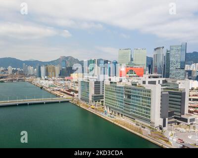 Hong Kong, Cina, 24 febbraio 2022, Una vista drone del Children's Hospital di Hong Kong. Diversi bambini sono morti durante l'attuale epidemia di COVID a Hong Kong. (Foto di Marc Fernandes/NurPhoto) Foto Stock