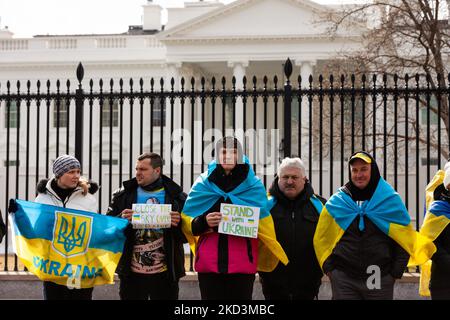 I manifestanti sono attratti dalle bandiere durante un raduno per l'Ucraina alla Casa Bianca. Centinaia di persone si sono riunite per chiedere sanzioni alla Russia, esclusione della Russia da SWIFT e assistenza militare all'Ucraina, con particolare attenzione alla protezione dell'aria. Manifestanti sono venuti a Washington da tutti gli Stati Uniti per il rally. Da sinistra a destra: Olesia Rudeichuk, Vadim Rudeichuk, Vadim Rudeichuk, Yuriy Slyusarchuk e Hryhorii Pits. (Foto di Allison Bailey/NurPhoto) Foto Stock