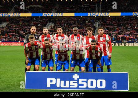 Jan Oblak, Hector Herrera, Stefan Savic, Geoffrey Kondogbia, Joao Felix, Josema Gimenez, Marcos Llorente, Renan Lodi, Angel Correa, Sime Vrsaljko e Reinildo Mandava durante la partita della Liga tra Atletico de Madrid e RC Celta de Vigo a Wanda Metropolitano il 26 febbraio 2022 a Madrid, Spagna. (Foto di Rubén de la Fuente Pérez/NurPhoto) Foto Stock