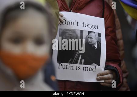 Centinaia di persone si riuniscono per un raduno "Stand with Ukraine" a Times Square il 27 febbraio 2022 a New York City. Ucraini, ucraini-americani e alleati si sono riuniti per mostrare sostegno all'Ucraina e protestare contro l'invasione russa. (Foto di Deccio Serrano/NurPhoto) Foto Stock