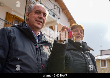 Cinquantasei case ricostruite dopo il terremoto del 2016 furono consegnate ad Amatrice. Altri 26 saranno consegnati per un totale di 82 famiglie. Ad Amatrice, Rieti, Italia, il 01 marzo 2022. (Foto di Riccardo Fabi/NurPhoto) Foto Stock