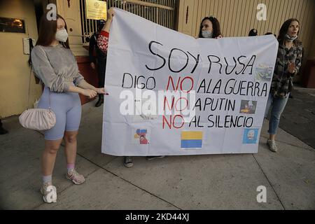 I membri della comunità Ucraina in Messico protestano al di fuori dell'ambasciata russa, a Città del Messico, il 02 marzo 2022. (Foto di Gerardo Vieyra/NurPhoto Foto Stock