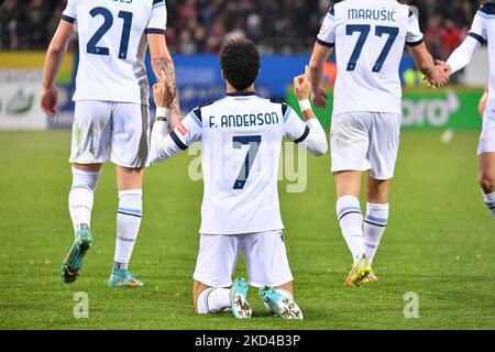 Felipe Anderson del Lazio, Esultanza, Celebrazione dopo aver segnato il gol durante la serie calcistica italiana A match Cagliari Calcio vs SS Lazio il 05 marzo 2022 all'Unipol Domus di Cagliari (Photo by Luigi Canu/LiveMedia/NurPhoto) Foto Stock