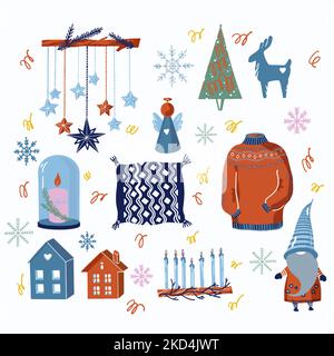 Set di illustrazioni per oggetti di decorazione natalizia. Capodanno caldo accogliente casa celebrazione disegni cartone animato. Regali e candele, cervi e gnome colorato Illustrazione Vettoriale