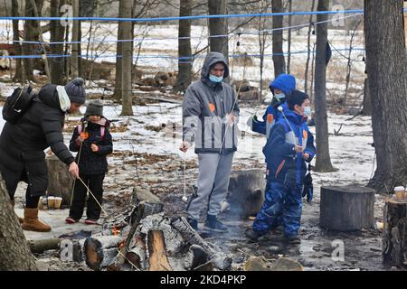 Persone che brinda marshmallows da un piccolo fuoco mentre visitano il sugarbush in una fattoria di sciroppo d'acero durante il Festival dello zucchero d'acero a Mount Albert, Ontario, Canada, il 05 marzo 2022. Il Festival dello zucchero d'acero celebra la produzione di sciroppo d'acero e i prodotti realizzati con sciroppo d'acero e partecipa a molte aziende agricole produttrici di sciroppo d'acero in Ontario e Quebec. Lo sciroppo d'acero è prodotto solo in Nord America. (Foto di Creative Touch Imaging Ltd./NurPhoto) Foto Stock