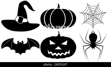 Confezione di simboli di Halloween isolato nero con sfondo bianco. Illustrazione gratuita per la stampa. Illustrazione. Silhouette di Halloween. Foto Stock