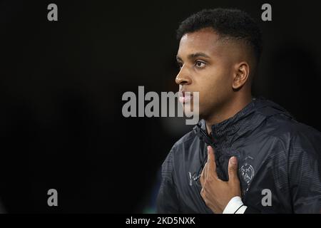 Rodrygo va del Real Madrid prima della partita la Liga Santander tra il Real Madrid CF e il FC Barcelona all'Estadio Santiago Bernabeu il 20 marzo 2022 a Madrid, Spagna. (Foto di Jose Breton/Pics Action/NurPhoto) Foto Stock