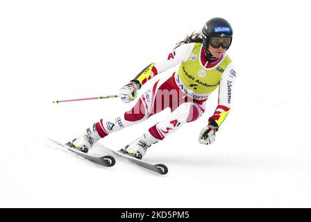 Lo sciatore alpino austriaco Franziska Gritsch, medaglia d'oro di questa disciplina, in gara alle finali europee della Coppa FIS di Slalom gigante femminile, il 20 marzo 2022 a Soldeu, Andorra. (Foto di Joan Cros/NurPhoto) Foto Stock