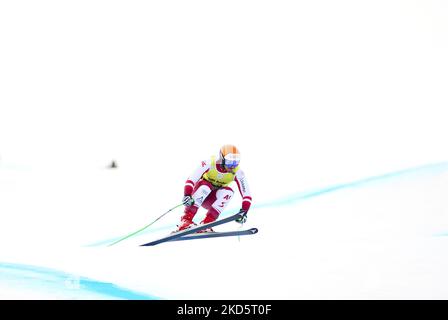 Lo sciatore alpino austriaco Manuel Traninger, che gareggia nelle finali europee della Coppa FIS Downhill, il 21 marzo 2022 a Soldeu, Andorra. (Foto di Joan Cros/NurPhoto) Foto Stock