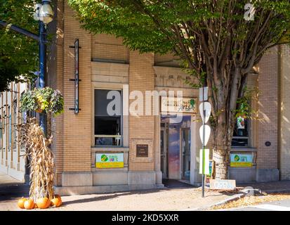 GALAX, VIRGINIA, USA-15 OTTOBRE 2022: Chestnut Creek School of the Arts, su Main Street. Decorazioni di ringraziamento. Foto Stock