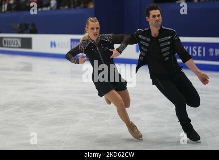 Madison Hubbell e Zachary Donohue dagli Stati Uniti d'America durante Pairs Ice Dance, al Sud de France Arena, Montpellier, Francia il 25 marzo 2022. (Foto di Ulrik Pedersen/NurPhoto) Foto Stock