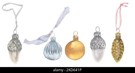 Decorazioni natalizie dipinte in acquerello. Elementi di festa isolati su sfondo bianco per la creazione di carte, inviti, decorazione di Natale. Foto Stock