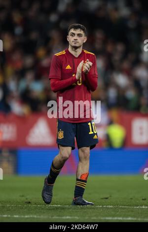 10 Pedri di Spagna durante la partita internazionale amichevole tra Spagna e Albania allo stadio RCD il 26 marzo 2022 a Barcellona, Spagna. (Foto di Xavier Bonilla/NurPhoto) Foto Stock