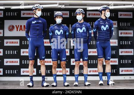 Movistar Team Carlos Verona, Oier Lazkano, William Bartra, Ivan Sosa durante il 101th volta Ciclista a Catalunya 2022, fase 7 da Barcellona a Barcellona. Il 27 marzo 2022 a Barcellona, Spagna. (Foto di Xavier Bonilla/NurPhoto) Foto Stock