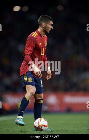 Ferran Torres (FC Barcelona) di Spagna durante la partita internazionale amichevole tra Spagna e Albania allo stadio RCDE il 26 marzo 2022 a Barcellona, Spagna. (Foto di Jose Breton/Pics Action/NurPhoto) Foto Stock