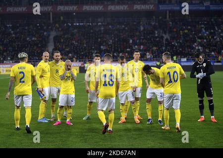 Florin Nita, Andrei Ratiu, Vlad Chiriches, Alexandru Cicaldau, George Puscas, Alexandru Maxim, Adrian Rus, Razvan Marin, Ionut Mitrita, Camora, Mihai Bordeianu in azione durante la partita internazionale amichevole tra Romania e Grecia a Stadionul Steaua il 25 marzo 2022 a Bucarest, Romania. (Foto di Alex Nicodim/NurPhoto) Foto Stock