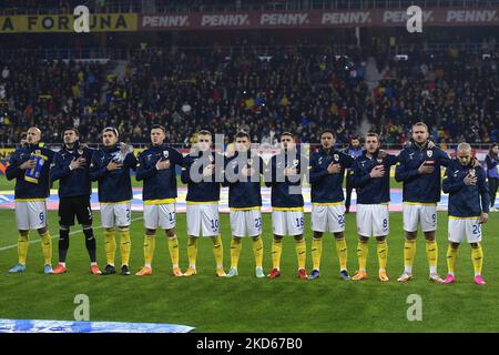 Florin Nita, Andrei Ratiu, Vlad Chiriches, Alexandru Cicaldau, George Puscas, Alexandru Maxim, Adrian Rus, Razvan Marin, Ionut Mitrita, Camora, Mihai Bordeianu in azione durante la partita internazionale amichevole tra Romania e Grecia a Stadionul Steaua il 25 marzo 2022 a Bucarest, Romania. (Foto di Alex Nicodim/NurPhoto) Foto Stock