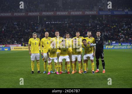 Florin Nita, Andrei Ratiu, Vlad Chiriches, Alexandru Cicaldau, George Puscas, Alexandru Maxim, Adrian Rus, Razvan Marin, Ionut Mitrita, Camora, Mihai Bordeianu in azione durante la partita internazionale amichevole tra Romania e Grecia a Stadionul Steaua il 25 marzo 2022 a Bucarest, Romania. (Foto di Alex Nicodim/NurPhoto) Foto Stock