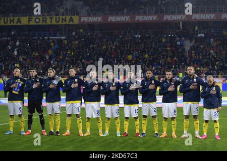 Florin Nita, Andrei Ratiu, Vlad Chiriches, Alexandru Cicaldau, George Puscas, Alexandru Maxim, Adrian Rus, Razvan Marin, Ionut Mitrita, Camora, Mihai Bordeianu in azione durante la partita internazionale amichevole tra Romania e Grecia a Stadionul Steaua il 25 marzo 2022 a Bucarest, Romania. (Foto di Alex Nicodim/NurPhoto) Foto Stock