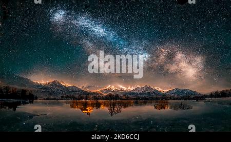 Galassia sopra il lago in Xinjiang, Cina. Immagine con rendering 3D astratto, non basata su alcuna scena reale. Foto Stock