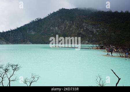 Vista sul lago cratere bianco di kawah putih in Giava Occidentale, Indonesia in una giornata nuvolosa di colore verde biancastro Foto Stock