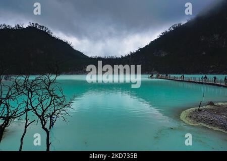 Vista panoramica sul lago cratere bianco nel verde biancastro di kawah putih a Giava Occidentale, Indonesia in una giornata nuvolosa Foto Stock