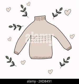 arte, adorabile maglione caldo tra ramoscelli e cuori Illustrazione Vettoriale