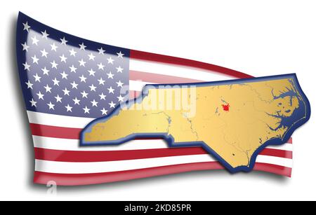 stati Uniti - mappa del North Carolina contro una bandiera americana. Fiumi e laghi sono mostrati sulla mappa. È possibile utilizzare la bandiera americana e la mappa dello stato separatel Illustrazione Vettoriale