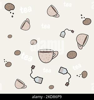 motivo senza cuciture con tazza di tè biscotti sacchetto da tè Illustrazione Vettoriale