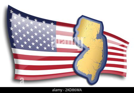 stati Uniti - mappa del New Jersey contro una bandiera americana. Fiumi e laghi sono mostrati sulla mappa. La bandiera americana e la mappa dello stato possono essere utilizzate separatamente Illustrazione Vettoriale