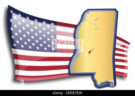 stati Uniti - mappa del Mississippi contro una bandiera americana. Fiumi e laghi sono mostrati sulla mappa. La bandiera americana e la mappa dello stato possono essere utilizzate separatamente A. Illustrazione Vettoriale