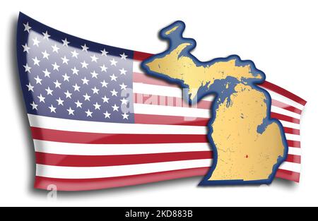 stati Uniti - mappa del Michigan contro una bandiera americana. Fiumi e laghi sono mostrati sulla mappa. La bandiera americana e la mappa dello stato possono essere utilizzate separatamente e. Illustrazione Vettoriale