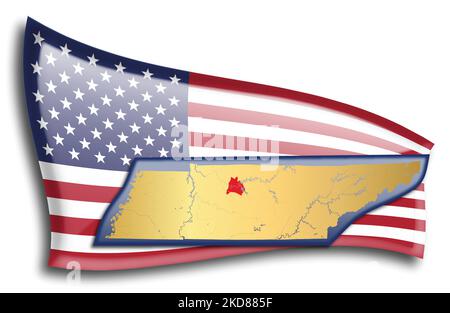 stati Uniti - mappa del Tennessee contro una bandiera americana. Fiumi e laghi sono mostrati sulla mappa. La bandiera americana e la mappa dello stato possono essere utilizzate separatamente e. Illustrazione Vettoriale