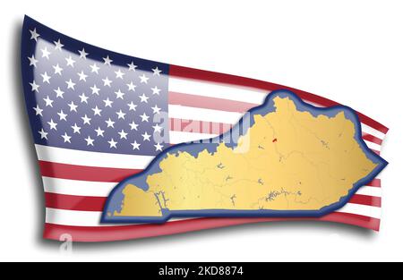 stati Uniti - mappa del Kentucky contro una bandiera americana. Fiumi e laghi sono mostrati sulla mappa. La bandiera americana e la mappa dello stato possono essere utilizzate separatamente e. Illustrazione Vettoriale