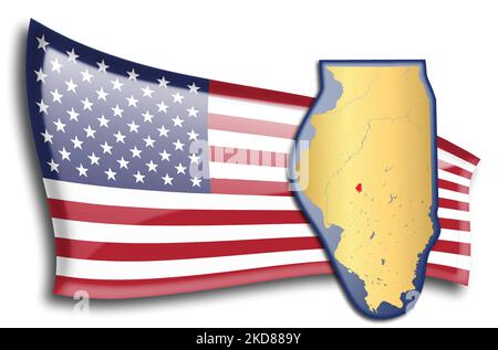 stati Uniti - mappa dell'Illinois contro una bandiera americana. Fiumi e laghi sono mostrati sulla mappa. La bandiera americana e la mappa dello stato possono essere utilizzate separatamente e. Illustrazione Vettoriale