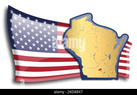 stati Uniti - mappa del Wisconsin contro una bandiera americana. Fiumi e laghi sono mostrati sulla mappa. La bandiera americana e la mappa dello stato possono essere utilizzate separatamente e. Illustrazione Vettoriale