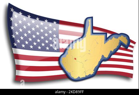 stati Uniti - mappa della Virginia Occidentale contro una bandiera americana. Fiumi e laghi sono mostrati sulla mappa. La bandiera americana e la mappa dello stato possono essere utilizzate separatamente Illustrazione Vettoriale