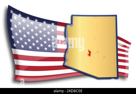 stati Uniti - mappa dell'Arizona contro una bandiera americana. Fiumi e laghi sono mostrati sulla mappa. American Flag e la Mappa dello Stato possono essere utilizzate separatamente ed e. Illustrazione Vettoriale