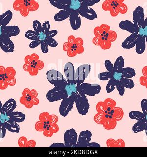 Motivo floreale senza cuciture con fiori rossi e blu disegnati a mano. Illustrazione Vettoriale