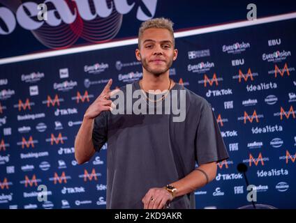 Malik Harris (Rockstar) Germania durante il Concorso di canzoni Eurovision 2022, conferenza stampa di artisti, il 05 maggio 2022, alla pala Alpitour di Torino. (Foto di Nderim Kaceli/LiveMedia/NurPhoto) Foto Stock