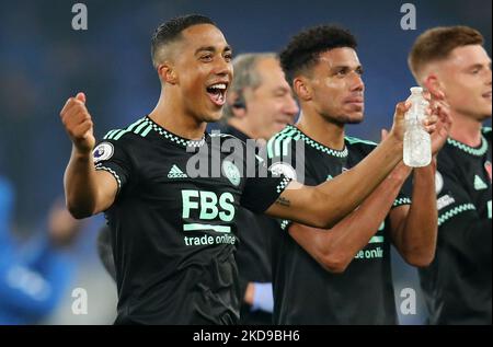 Liverpool, Inghilterra, 5th novembre 2022. Youri Tielemans di Leicester City festeggia la sua vittoria dopo la partita della Premier League al Goodison Park, Liverpool. Foto di credito dovrebbe essere: Lexy Ilsley / Sportimage Foto Stock