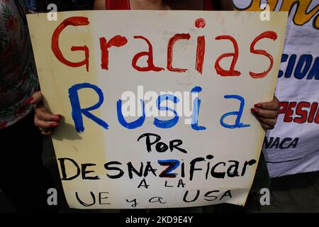 Una donna ha una bandiera che in spagnolo recita: Grazie alla Russia per aver denazzato l'UE e gli Stati Uniti durante la cerimonia di marcia del reggimento immortale, a Caracas, Venezuela, il 7 maggio 2022. La marcia del reggimento immortale è una manifestazione popolare chiamata ogni 9 maggio nel contesto della Giornata della Vittoria. L'azione consiste in persone che scendono in strada con ritratti dei loro parenti morti durante la seconda guerra mondiale (Foto di Javier Campos/NurPhoto) Foto Stock