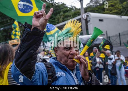 Belo Horizonte, Brasile. 04th Nov 2022. Un uomo che indossa una parrucca mohicano nei colori della bandiera nazionale brasiliana, soffia un corno durante la dimostrazione. Centinaia di persone hanno partecipato alle proteste in tutto il paese per chiedere un intervento federale e contestare i risultati delle ultime elezioni del 30th ottobre che hanno eletto il candidato di sinistra Luis Inacio Lula da Silva come nuovo presidente brasiliano. Scene di violenza politica sono state riportate dalla notte di domenica, quando sono stati rivelati i numeri finali. Credit: SOPA Images Limited/Alamy Live News Foto Stock