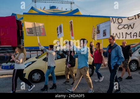 I volontari mostrano segni durante la protesta contro lo sfruttamento degli animali nel circo Orfei di Molfetta il 14 maggio 2022. Protesta sit-in contro lo sfruttamento degli animali in spettacoli di intrattenimento, vicino alla zona di insediamento del circo Orfei, attualmente presente nella città di Molfetta. La guarnigione ha coinvolto un gruppo di cittadini della Molfetta, guidati dai volontari dell'associazione per i diritti degli animali 'lo Stregatto - Molfetta' (Foto di Davide Pischettola/NurPhoto) Foto Stock