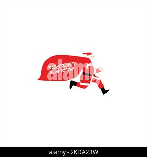 Un design minimalista di una Santa Clause in corsa con sacco rosso e testo 'Santa segreta' su sfondo bianco Illustrazione Vettoriale
