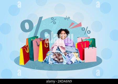 Immagine collage pubblicità di signora in tessuto di abbigliamento negozio heap di acquisto pacchetti a prezzi bassi Foto Stock